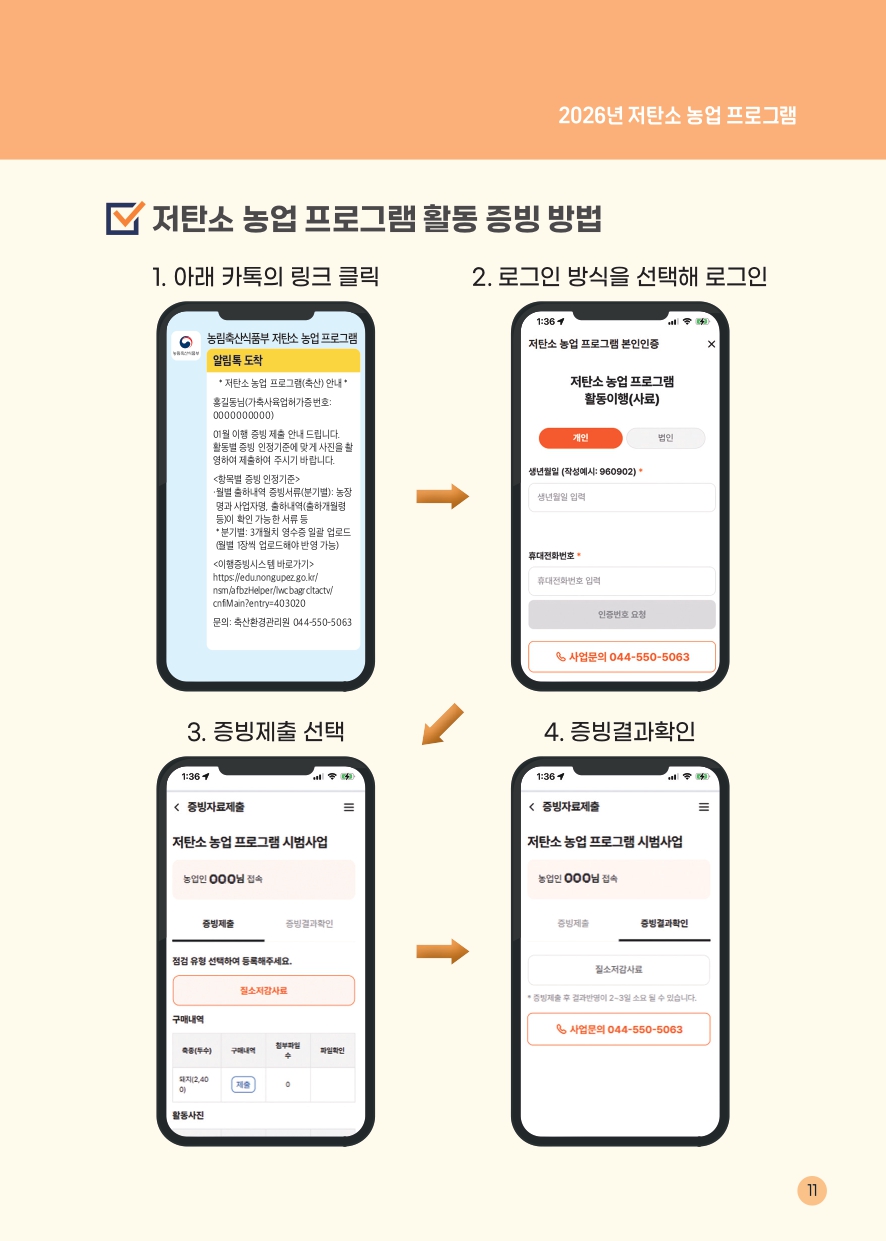 2026년 저탄소 농업 프로그램 저탄소 농업 프로그램 활동 증빙 방법 1. 아래 카톡의 링크 클릭 농림축산식품부 저탄소 농업 프로그램 알림톡 도착 저탄소 농업 프로그램(축산) 안내 홍길동님(가축사육업허가증번호:0000000000) 01월 이행 증빙 제출 안내 드립니다. 활동별 증빙 인정기준에 맞게 사진을 촬영하여 제출하여 주시기 바랍니다. <항목별 증빙 인정기준> 월별 출하내역, 증빙서류(분기별): 농장명과 사업자명, 출하내역(출하개월령 등)이 확인 가능한 서류 등 *분기별: 3개월치 영수증 일괄 업로드(월별 1장씩 업로드해야 반영 가능) <이행증빙시스템 바로가기> https://edu.nongupez.go.kr/nsm/afbzHelper/lwcbagrcltactv/cnfiMain?entry=403020 문의: 축산환경관리원 044-550-5063 2. 로그인 방식을 선택해 로그인 저탄소 농업 프로그램 본인인증 저탄소 농업 프로그램 활동이행(사료) 개인 법인 생년월일 (작성예시: 960902) 생년월일 입력 휴대전화번호 휴대전화번호 입력 인증번호 요청 사업문의 044-550-5063 3. 증빙제출 선택 증빙자료 제출 저탄소 농업 프로그램 시범사업 농업인 000님 접속 증빙제출 증빙결과확인 점검 유형 선택하여 등록해주세요. 질소저감사료 구매내역 축종(두수) 구매내역 첨부파일수 파일확인 돼지(2,400) 제출 0 활동사진 4. 증빙결과확인 증빙자료제출 저탄소 농업 프로그램 시범사업 농업인 000님 접속 증빙제출 증빙결과확인 질소저감사료 *증빙제출 후 결과반영이 2~3일 소요 될 수 있습니다 사업문의 044-550-5063 11