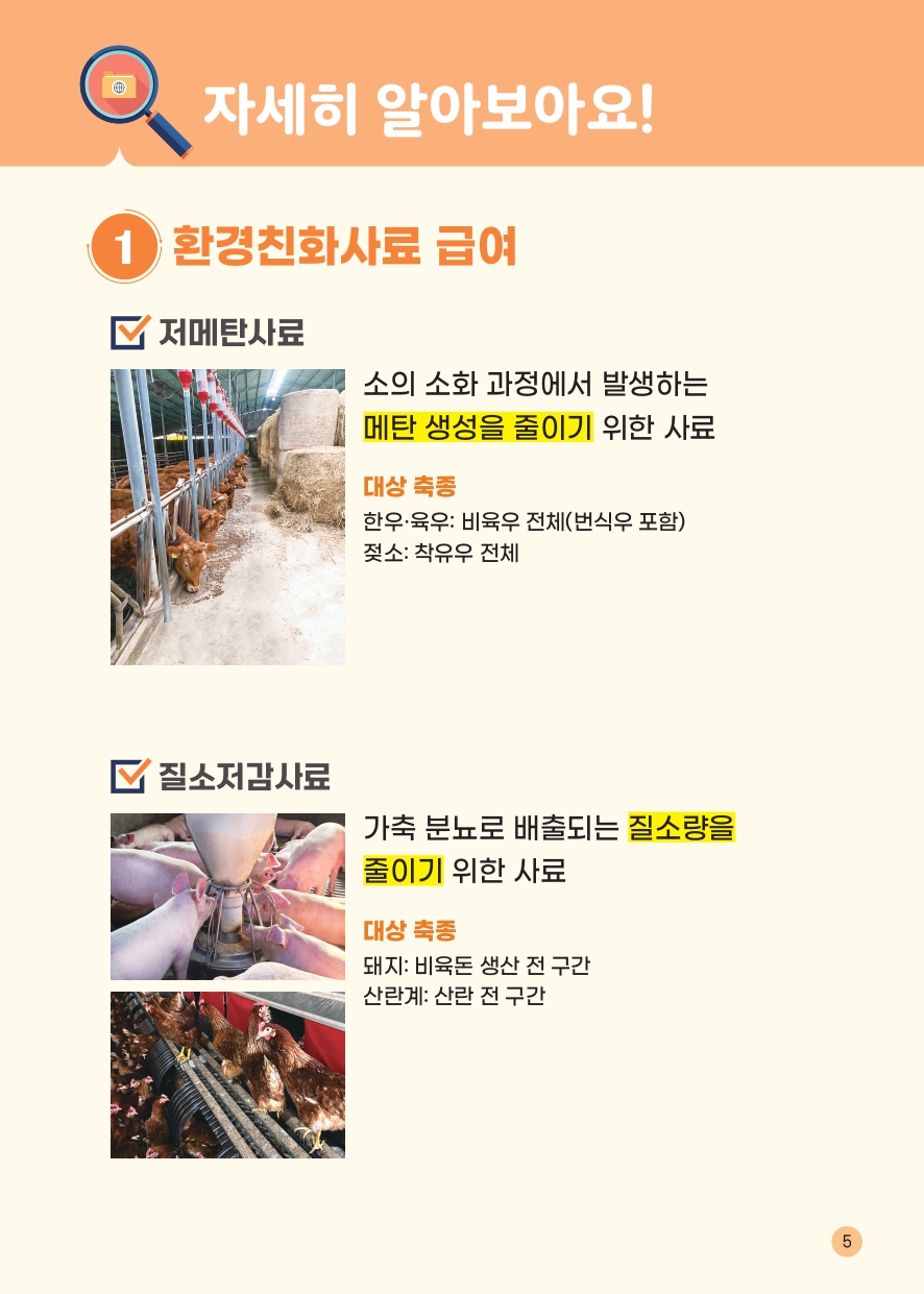자세히 알아보아요! 1 환경친화사료 급여 저메탄사료 소의 소화 과정에서 발생하는 메탄 생성을 줄이기 위한 사료 대상 축종 한우 육우: 비육우 전체(번식우 포함) 젖소: 착유우 전체 질소저감사료 가축 분뇨로 배출되는 질소량을 줄이기 위한 사료 대상 축종 돼지: 비육돈 생산 전 구간 산란계: 산란 전 구간 5