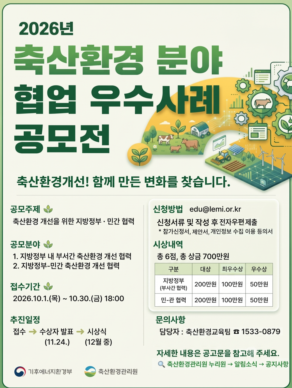 2026년 축산환경 분야 협업 우수사례 공모전 시행 공고 2026년 축산환경 분야 협업 우수사례 공모전 축산환경개선! 함께 만든 변화를 찾습니다. 공모주제: 축산환경 개선을 위한 지방정부·민간 협력 공모분야: 1. 지방정부 내 부서간 축산환경 개선 협력 2. 지방정부-민간 축산환경 개선 협력 접수기간: 2026.10.1.(목) ~ 10.30.(금) 18:00 추진일정: 접수 → 수상자 발표(11.24.) → 시상식(12월 중) 신청방법: edu@lemi.or.kr / 신청서류 작성 후 전자우편 제출 * 참가신청서, 제안서, 개인정보 수집 이용 동의서 시상내역: 총 6점, 총 상금 700만원. 지방정부(부서간 협력) 대상 200만원, 최우수상 100만원, 우수상 50만원. 민-관 협력 대상 200만원, 최우수상 100만원, 우수상 50만원. 문의사항: 담당자 축산환경교육팀 ☎ 1533-0879 자세한 내용은 공고문을 참고해 주세요. 축산환경관리원 누리원 → 알림소식 → 공지사항