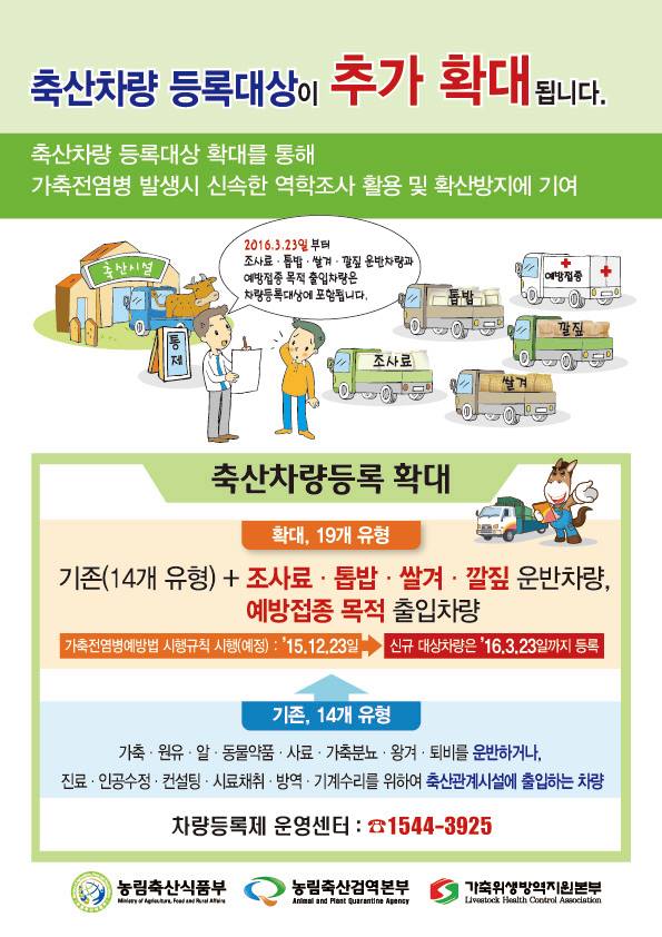 [첫 번째 이미지]  축산차량 등록대상이 추가 확대됩니다.  축산차량 등록대상 확대를 통해  가축전염병 발생시 신속한 역학조사 활용 및 확산방지에 기여  일러스트 말풍선:  2016.3.23일부터 조사료·톱밥·쌀겨·깔짚 운반차량과 예방접종 목적 출입차량은 차량등록대상에 포함됩니다.  일러스트 내 표지판 및 차량 라벨:  축산시설 / 통제 / 톱밥 / 예방접종 / 조사료 / 쌀겨 / 깔짚  축산차량등록 확대  확대, 19개 유형  기존(14개 유형) + 조사료 · 톱밥 · 쌀겨 · 깔짚 운반차량, 예방접종 목적 출입차량  가축전염병예방법 시행규칙 시행(예정) : '15.12.23일  신규 대상차량은 '16.3.23일까지 등록  기존, 14개 유형  가축 · 원유 · 알 · 동물약품 · 사료 · 가축분뇨 · 왕겨 · 퇴비를 운반하거나,  진료 · 인공수정 · 컨설팅 · 시료채취 · 방역 · 기계수리를 위하여 축산관계시설에 출입하는 차량  차량등록제 운영센터 : ☎1544-3925  하단 하단 기관 로고 및 명칭:  농림축산식품부 Ministry of Agriculture, Food and Rural Affairs  농림축산검역본부 Animal and Plant Quarantine Agency  가축위생방역지원본부 Livestock Health Control Association