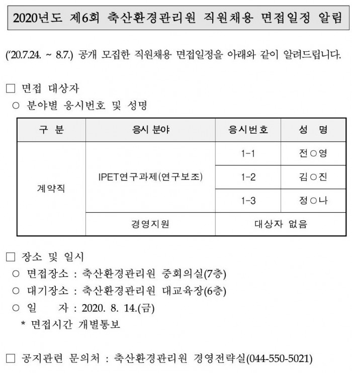 2020년도 제6회 축산환경관리원 직원채용 면접일정 알림 ('20.7.24. ~ 8.7.) 공개 모집한 직원채용 면접일정을 아래와 같이 알려드립니다. □ 면접 대상자 ○ 분야별 응시번호 및 성명 구분 계약직 응시 분야 IPET연구과제(연구보조) 응시번호 및 성명 1-1 전○영 1-2 김○진 1-3 정O나 <br/>응시분야 경영지원 면접 대상자 없음 □ 장소 및 일시 ○ 면접장소 : 축산환경관리원 중회의실(7층) ○ 대기장소 : 축산환경관리원 대교육장(6층) ○ 일자 : 2020. 8. 14.(금) * 면접시간 개별통보 □ 공지관련 문의처 : 축산환경관리원 경영전략실(044-550-5021)