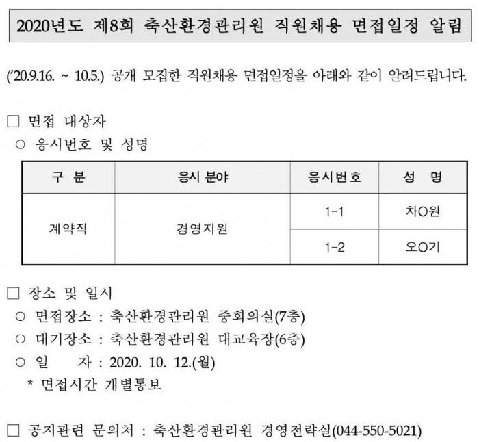2020년도 제8회 축산환경관리원 직원채용 면접일정 알림 ('20.9.16. ~ 10.5.) 공개 모집한 직원채용 면접일정을 아래와 같이 알려드립니다. □면접 대상자 ○ 응시번호 및 성명 구분 계약직 응시 분야 경영지원 면접 대상자 응시번호 및 성명 1-1 차0원 1-2 오O기 □ 장소 및 일시 ○ 면접장소 : 축산환경관리원 중회의실(7층) ○ 대기장소 : 축산환경관리원 대교육장(6층) ○ 일자 : 2020. 10. 12.(월) * 면접시간 개별통보 □ 공지관련 문의처 : 축산환경관리원 경영전략실(044-550-5021)