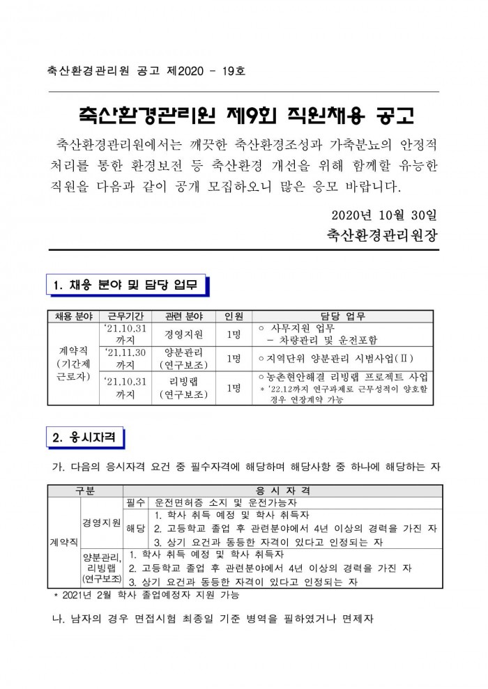 축산환경관리원 공고 제2020 - 19호 축산환경관리원 제9회 직원채용 공고 축산환경관리원에서는 깨끗한 축산환경조성과 가축분뇨의 안정적 처리를 통한 환경보전 등 축산환경 개선을 위해 함께할 유능한 직원을 다음과 같이 공개 모집하오니 많은 응모 바랍니다. 2020년 10월 30일 축산환경관리원장 1. 채용 분야 및 담당 업무 채용 분야 계약직(기간제 근로자) 관련 분야 및 근무기간 경영지원('21.10.31까지) 인원 1명 담당업무 ○ 사무지원 업무 - 차량관리 및 운전포함 관련 분야 및 근무기간 양분관리(연구보조)('21.11.30까지) 인원 1명 담당업무 ○ 지역단위 양분관리 시범사업(Ⅱ) 관련 분야 및 근무기간 리빙랩(연구보조)('21.10.31까지) 인원 1명 담당 업무 ○ 농촌현안해결 리빙랩 프로젝트 사업 * '22.12까지 연구과제로 근무성적이 양호할 경우 연장계약 가능 2. 응시자격 가. 다음의 응시자격 요건 중 필수자격에 해당하며 해당사항 중 하나에 해당하는 자 경영지원 분야는 필수 응시자격은 운전면허증 소지 및 운전가능자, 선택 응시자격은 1. 학사 취득 예정 및 학사 취득자 2. 고등학교 졸업 후 관련분야에서 4년 이상의 경력을 가진 자 3. 상기 요건과 동등한 자격이 있다고 인정되는 자 양분관리, 리빙랩(연구보조) 응시자격은 1. 학사 취득 예정 및 학사 취득자 2. 고등학교 졸업 후 관련분야에서 4년 이상의 경력을 가진 자 3. 상기 요건과 동등한 자격이 있다고 인정되는 자 * 2021년 2월 학사 졸업예정자 지원 가능 나. 남자의 경우 면접시험 최종일 기준 병역을 필하였거나 면제자
