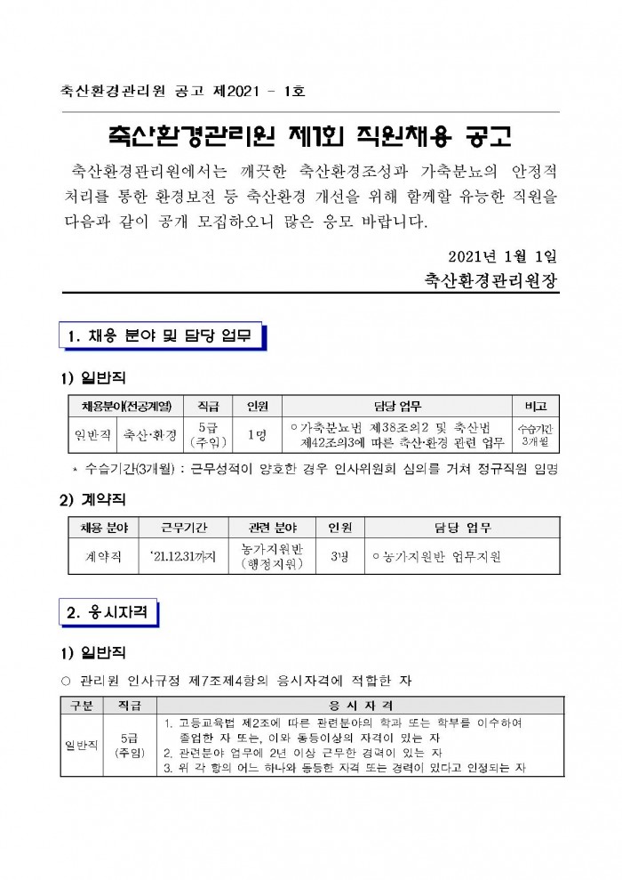 축산환경관리원 공고 제2021 - 1호 축산환경관리원 제1회 직원채용 공고 축산환경관리원에서는 깨끗한 축산환경조성과 가축분뇨의 안정적 처리를 통한 환경보전 등 축산환경 개선을 위해 함께할 유능한 직원을 다음과 같이 공개 모집하오니 많은 응모 바랍니다. 축산환경관리원장 2021년 1월 1일 1. 채응 분야 및 담당 업무 1) 일반직 채용분야(전공계열) 일반직(축산·환경) 직급 5급(주임) 인원 1명 담당 업무 ○ 가축분뇨번 제38조외2 및 축산법 제42조의3에 따른 축산·환경 관련 업무 비고 수습기간 3개월 * 수습기간(3개월) : 근무성적이 양호한 경우 인사위원회 심의를 거쳐 정규직원 임명 2) 계약직 채용 분야 계약직 근무기간 '21.12.31까지 관련 분야 농가지원반(행정지원) 인원 3명 담당 업무 ○ 농가지원반 언무지원 2. 웅시자격 1) 일반직 ○ 관리뭔 인사규정 제7조제4항의 응시자격에 적합한 자 구분 일반직 직급 5급(주임) 응시자격 1. 고등교육법 제2조에 따른 관련분야의 학과 또는 학부를 이수하여 졸업한 자 또는, 이와 동등이상의 자격이 밌는 자 2. 관련분야 업무에 2년 이상 근무한 경격이 있는 자 3. 위 각 함의 어느 하나와 동등한 자격 또는 경력이 있다고 인정되는 자