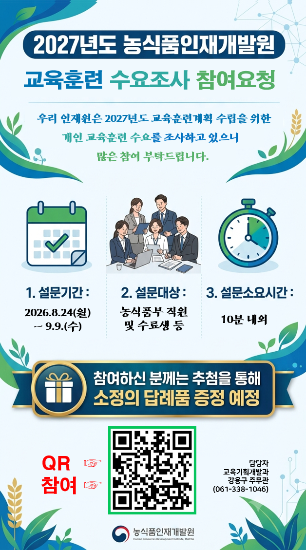 2027년도 농식품인재개발원 교육훈련 수요조사 참여요청  우리 인재원은 2027년도 교육훈련계획 수립을 위한 개인 교육훈련 수요를 조사하고 있으니 많은 참여 부탁드립니다.  1. 설문기간  2026.8.24(월) ~ 9.9.(수)  2. 설문대상  농식품부 직원 및 수료생 등  3. 설문소요시간  10분 내외  참여 혜택  참여하신 분께는 추첨을 통해 소정의 답례품 증정 예정  참여 방법  QR 참여 (포스터 하단 QR코드 스캔)  담당자 안내  교육기획개발과 강용구 주무관 (061-338-1046)  농식품인재개발원