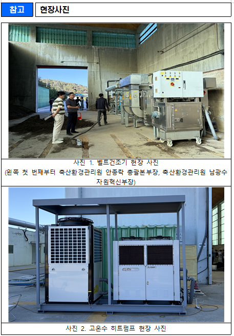 사진 1. 벨트건조기 현장 사진 (왼쪽 첫 번째부터 축산환경관리원 안종락 총괄본부장, 축산환경관리원 남광수 자원혁신부장)  사진 2. 고온수 히트펌프 현장 사진